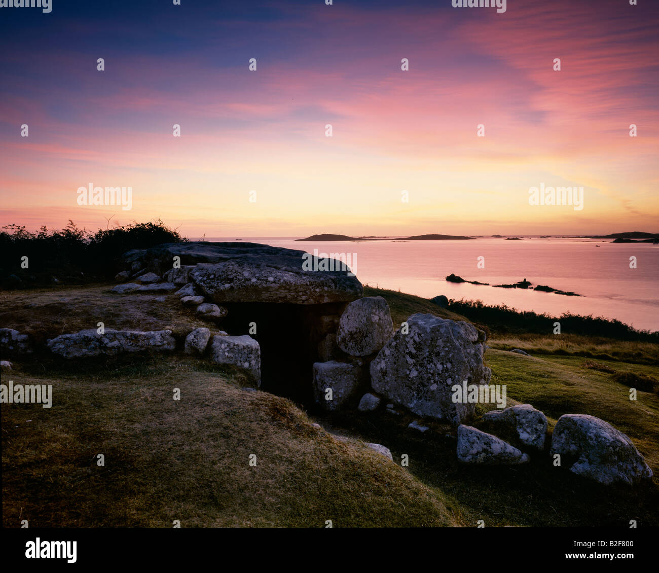 Evening view of Bant's Burial Chamber, St Mary's, Isles of Scilly. Cornwall. United Kingdom. Stock Photo