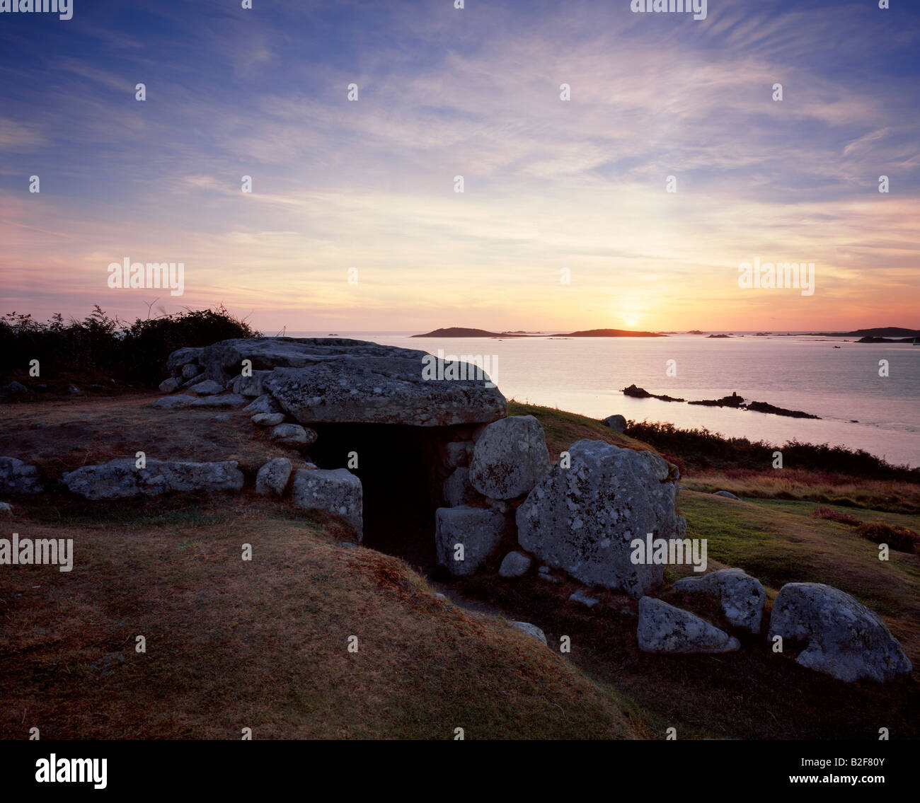 Evening view of Bant's Burial Chamber, St Mary's, Isles of Scilly. Cornwall. United Kingdom. Stock Photo