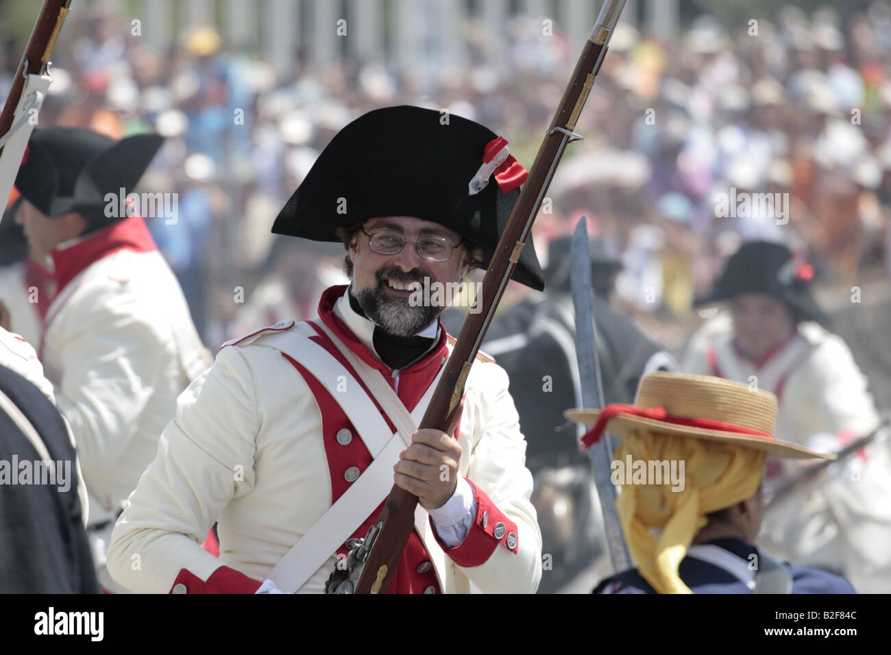 A member of the Spanish forces clearly enjoying himself during a reenactment of the 1797 battle of Santa Cruz, Tenerife Stock Photo