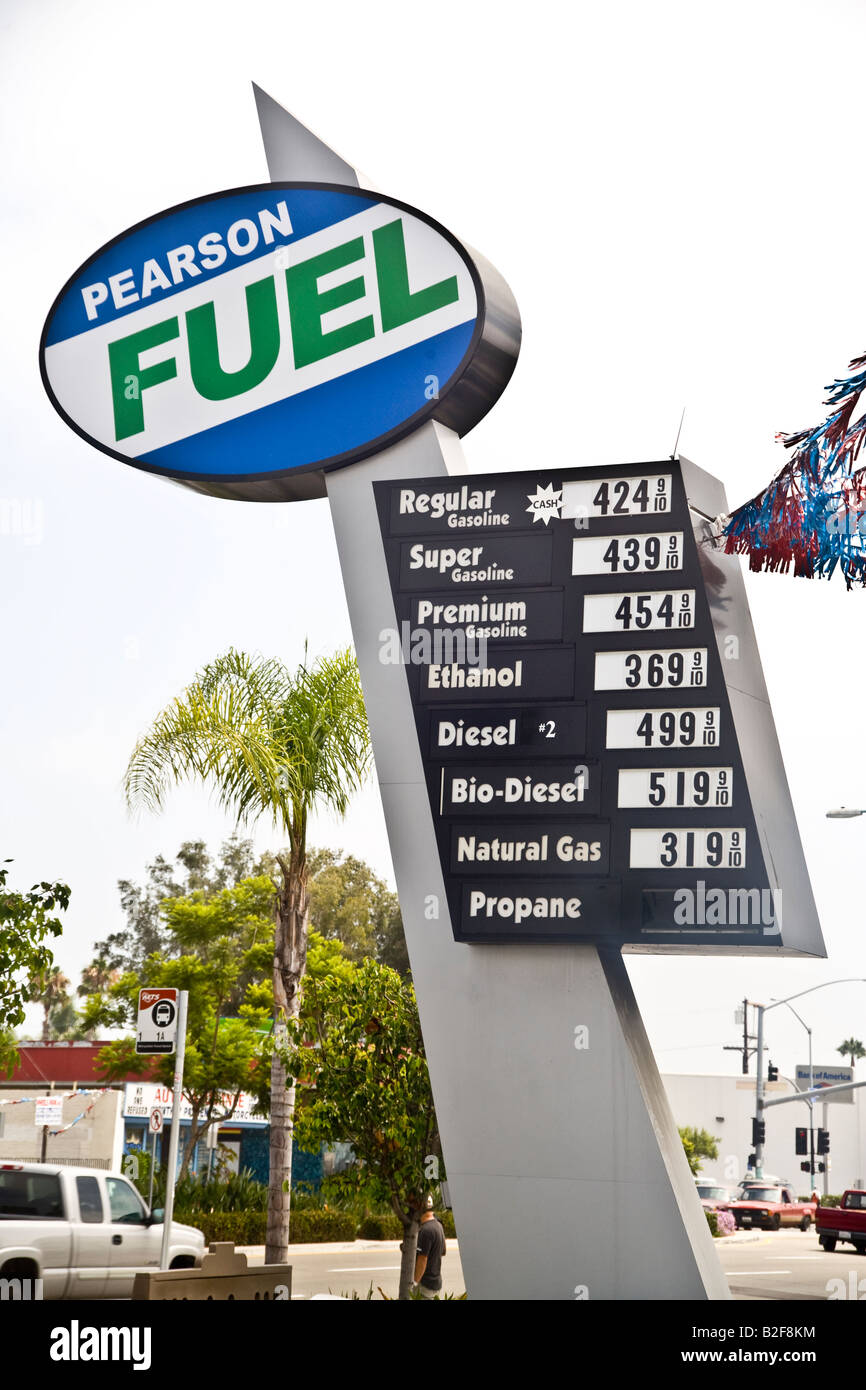 A sign advertising propane biodiesel ethanol and natural gas and gasoline at a San Diego filling station offer alternative fuels Stock Photo