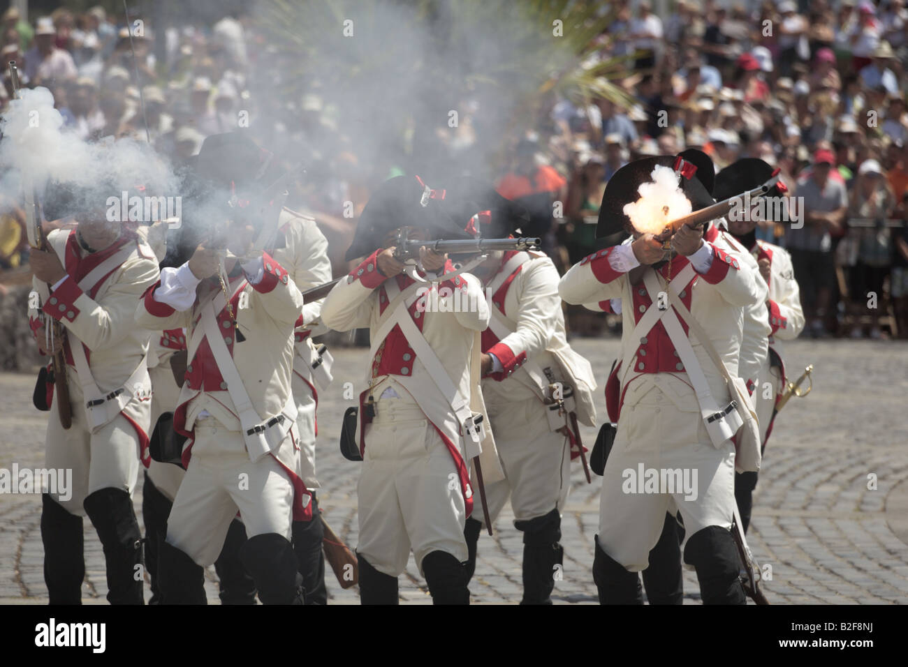 The Batallon de Canarias return fire during a reenactment of the 1797 battle of Santa Cruz, Tenerife Stock Photo