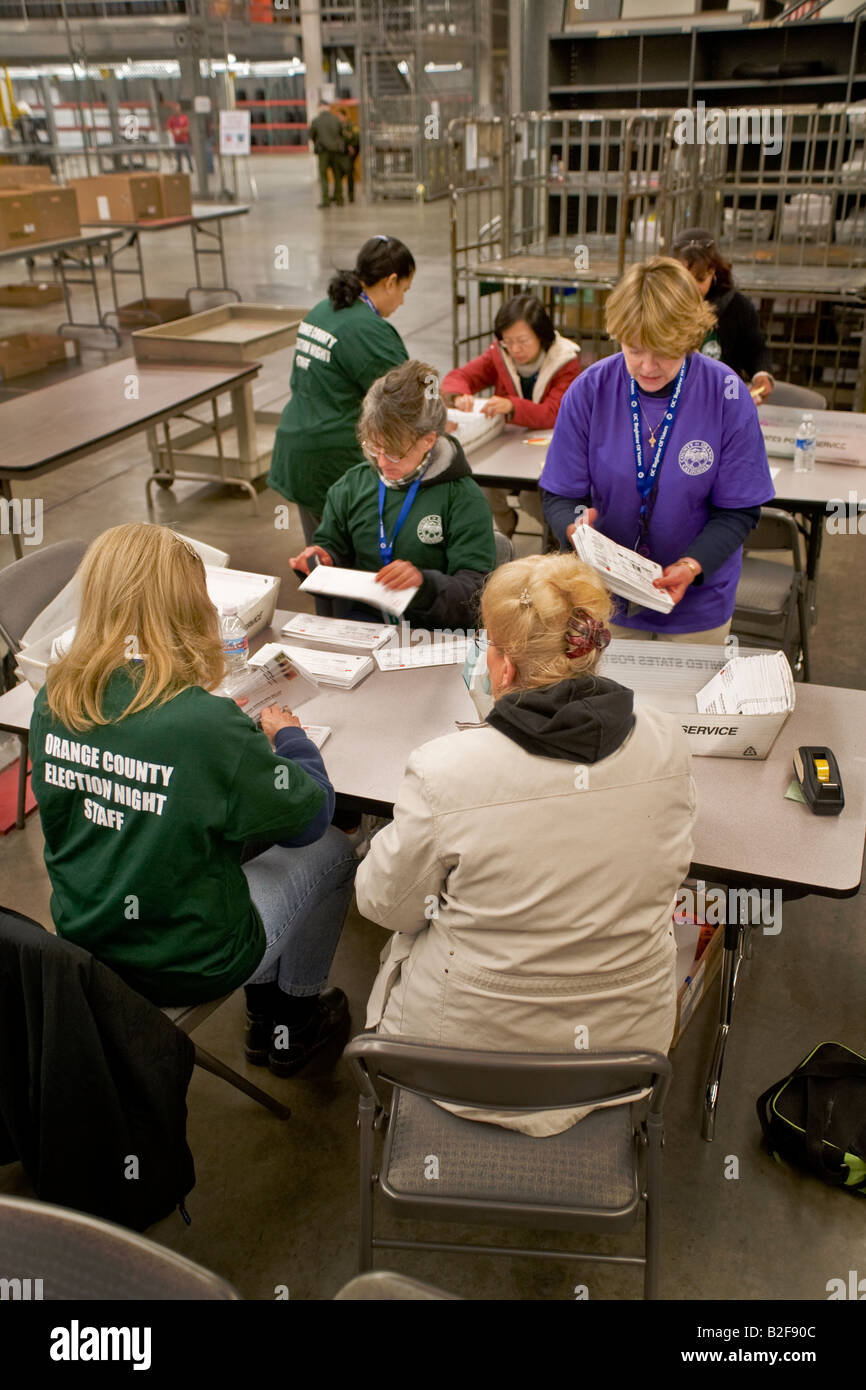 On election night absentee ballots are received and prepared for counting at the Orange County Registrar of Voters  Santa Ana CA Stock Photo