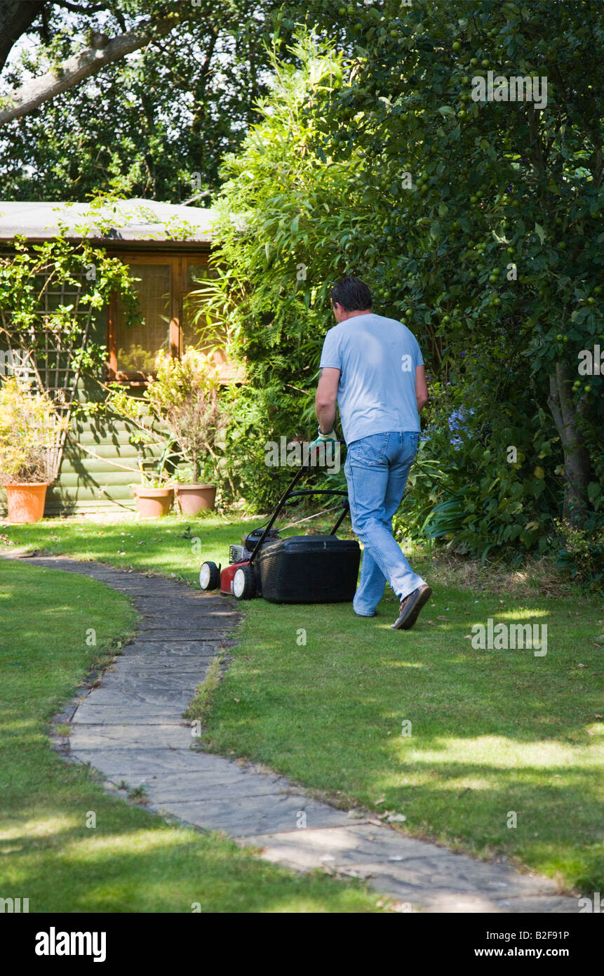 Mature man mowing the lawn. English garden in summer. UK. Stock Photo