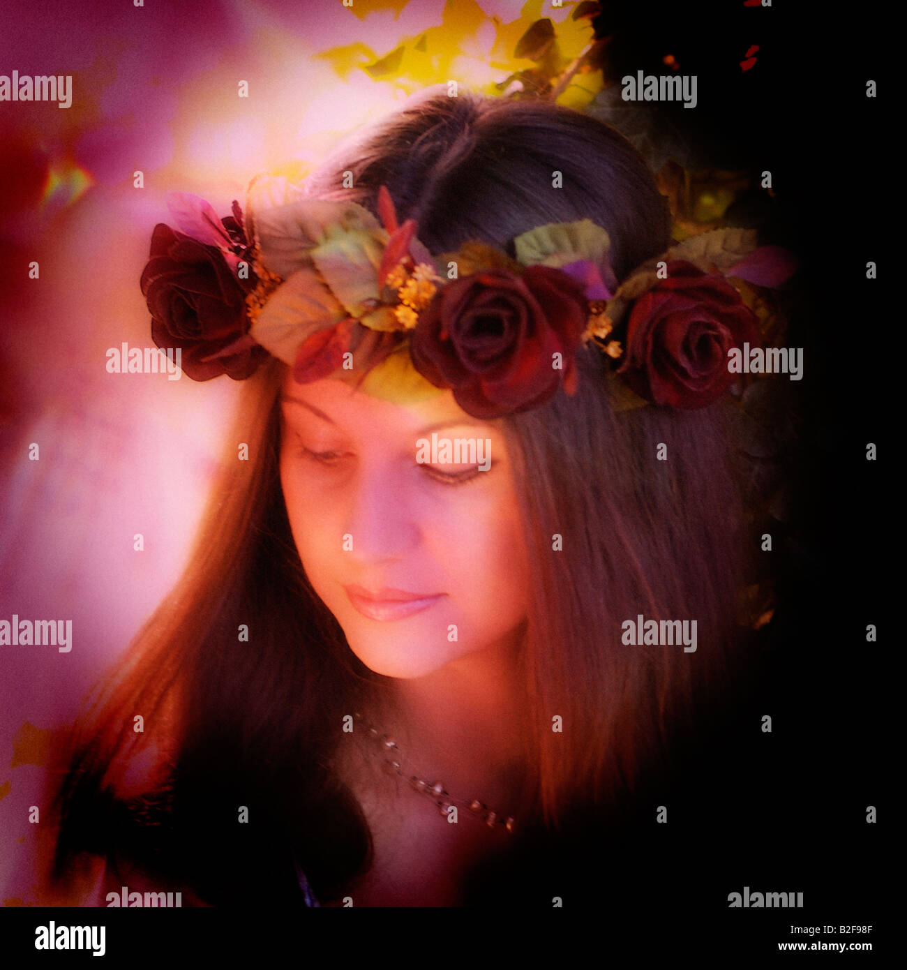 Young Attractive Woman with Floral Headdress Stock Photo - Alamy