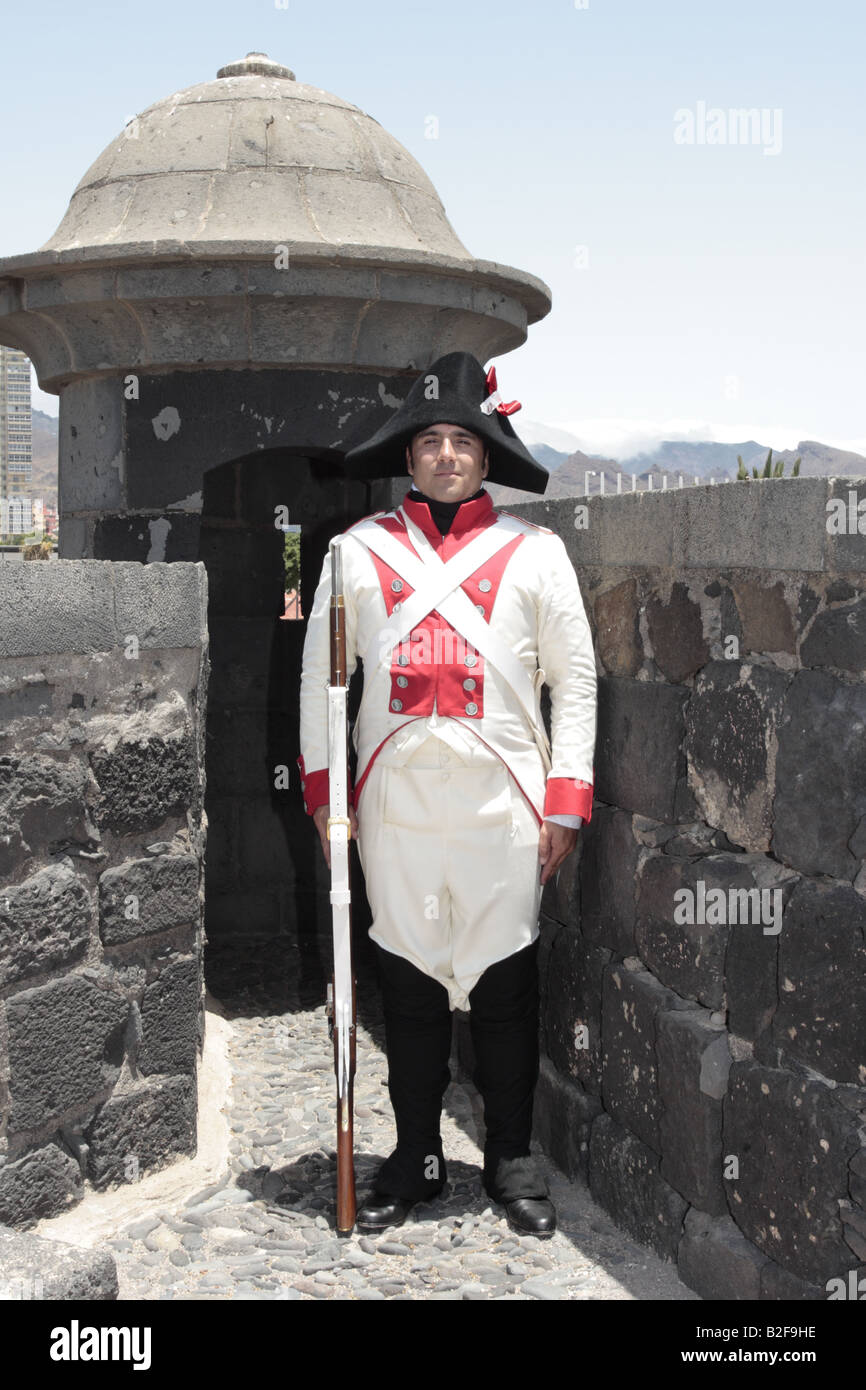 A member of the Spanish forces played by Carlos Pineda after a reenactment of the 1797 battle of Santa Cruz, Tenerife Stock Photo