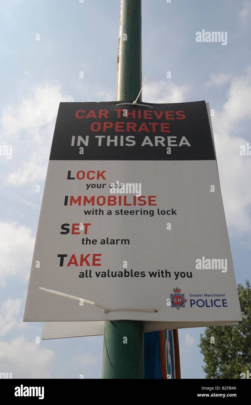 car thieves operate in this area poster sign manchester police lock