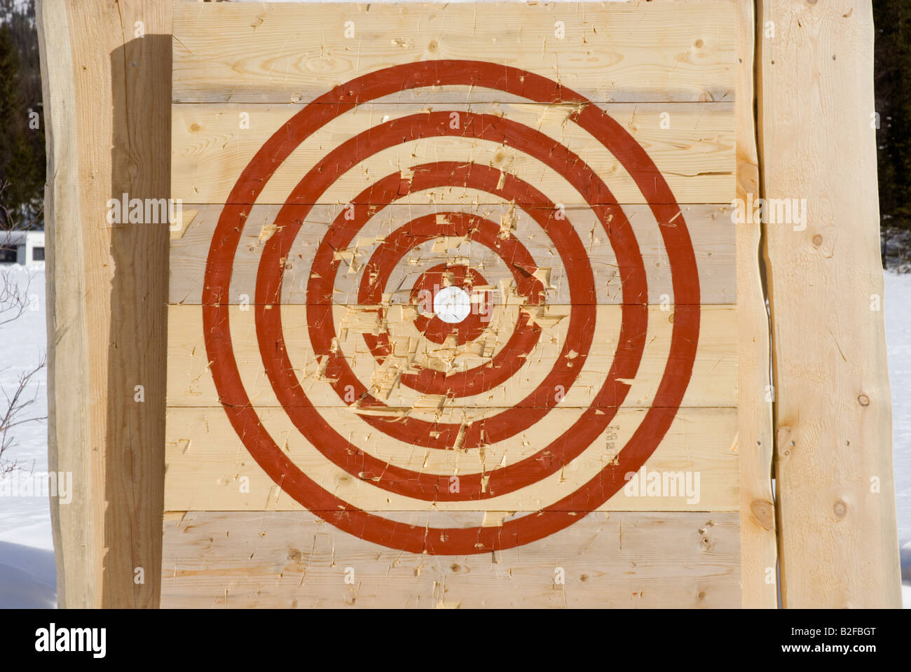 close up of wooden target slightly marked by axes and arrows Stock Photo Alamy