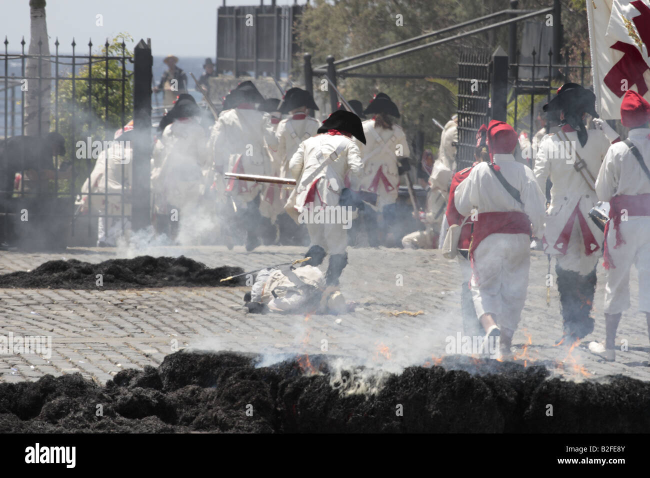 The Batallon de Canarias chase the English troops during a reenactment of the 1797 battle of Santa Cruz Stock Photo