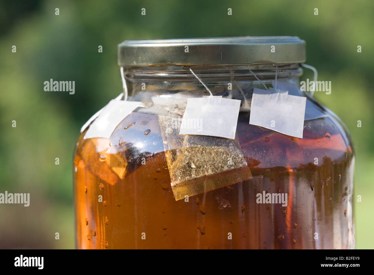 Sun Tea in a pickle jar brewing on a country porch Stock Photo