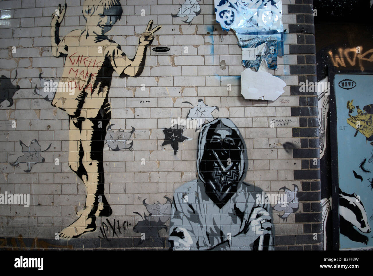 Cans Festival stencil grafitti artwork underneath Waterloo train station, London, UK. Stock Photo