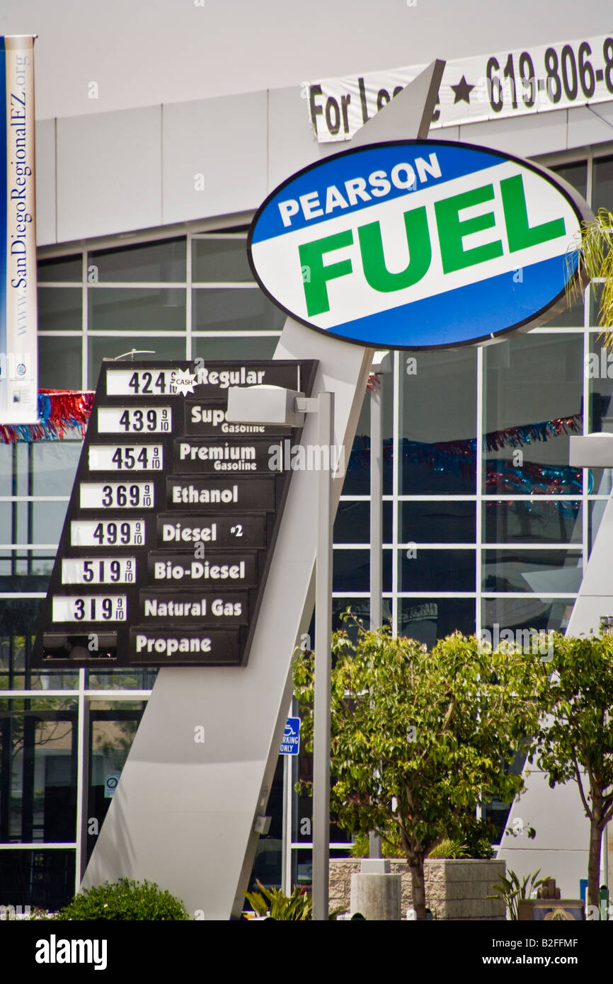 A sign advertising propane biodiesel ethanol and natural gas and gasoline at a San Diego filling station offer alternative fuels Stock Photo