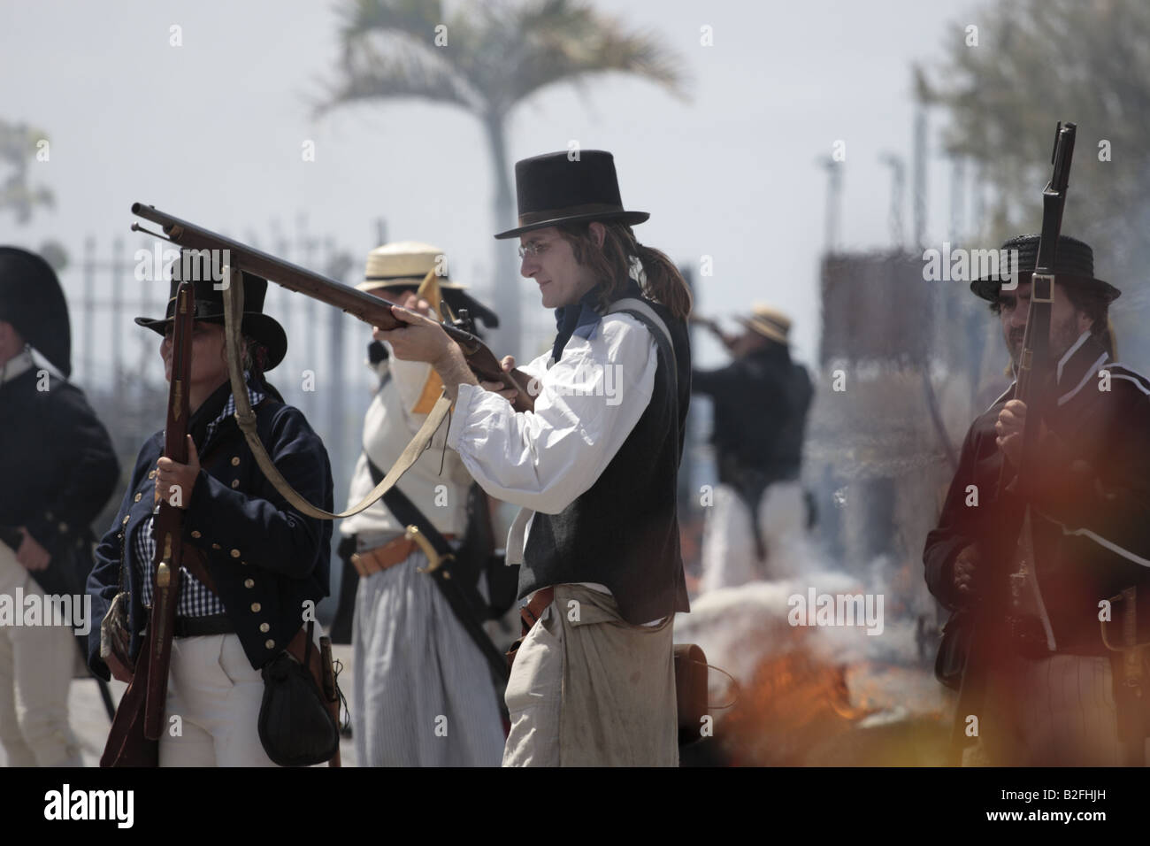 A British Navy sailor loading his rifle during a reenactment of the 1797 battle of Santa Cruz, Tenerife Stock Photo