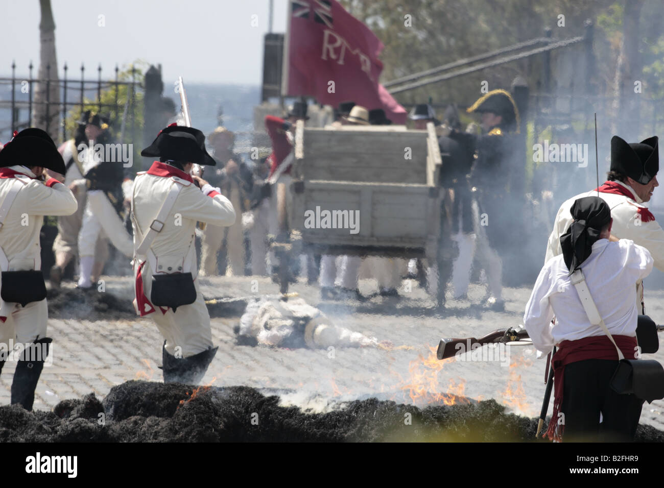 The Batallon de Canarias chase the English troops during a reenactment of the 1797 battle of Santa Cruz, Tenerife Stock Photo