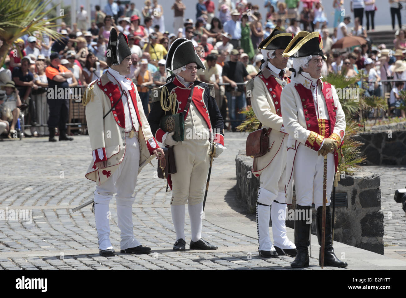 General Gutierrez and his officers watch during a reenactment of the 1797 battle of Santa Cruz Stock Photo