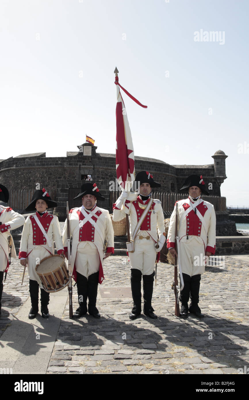 The Drummer and Flag Bearer of the Batallon de Canarias in front of the Castillo Negro before a reenactment of the 1797 battle of Santa Cruz Tenerife Stock Photo