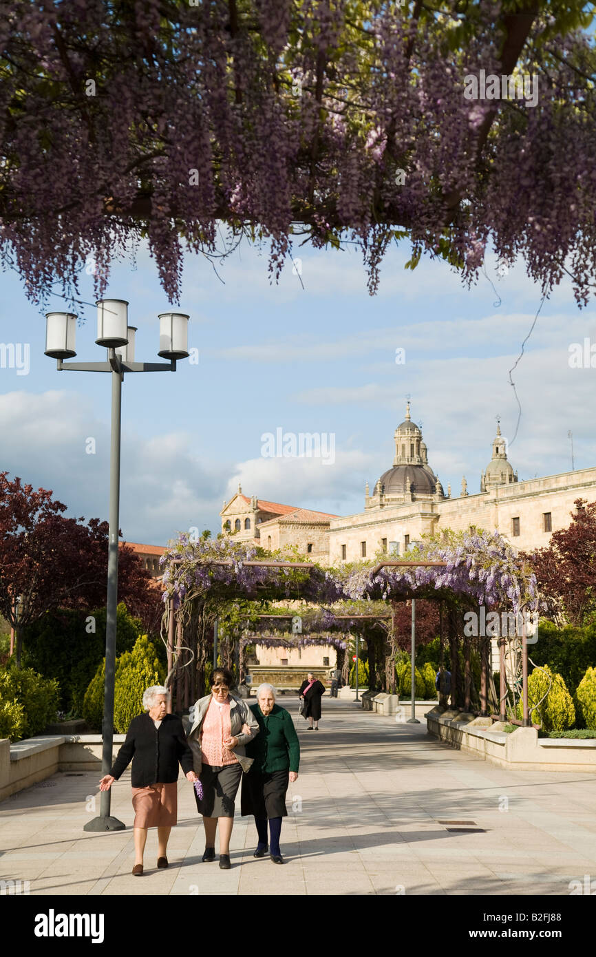 SPAIN Salamanca Older ladies walk beneath flowering wisteria vines