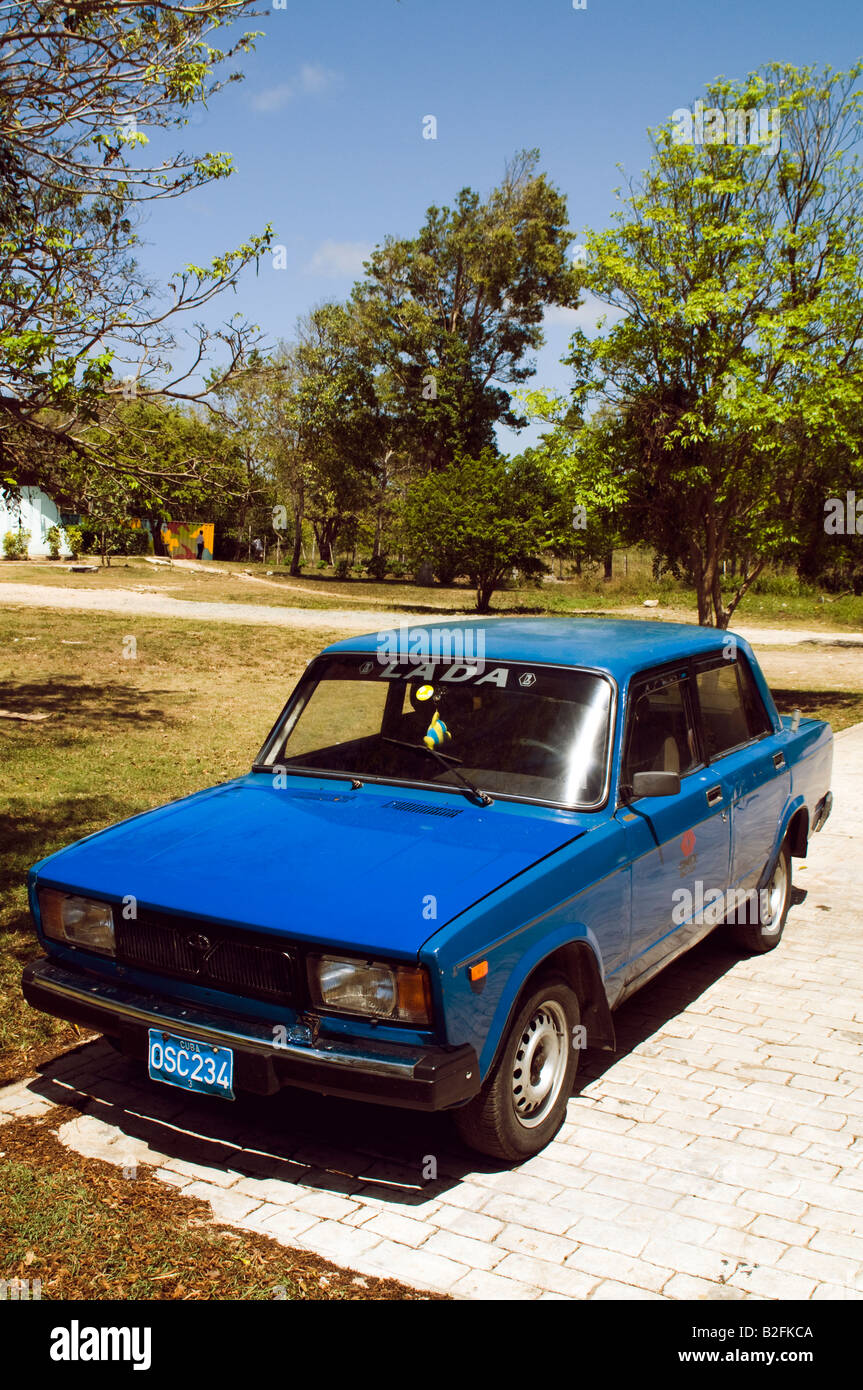 Old blue Lada car parked in Guardalavaca, Holguin Cuba Stock Photo