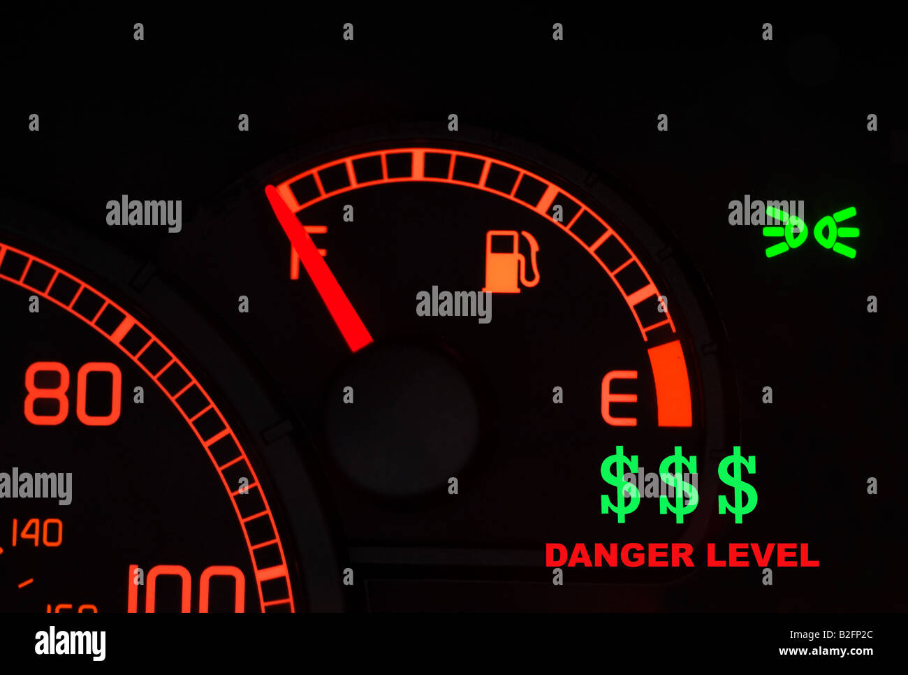 CAR FUEL GAUGE WITH FINANCIAL WARNING IN DOLLARS WHEN EMPTY Stock Photo