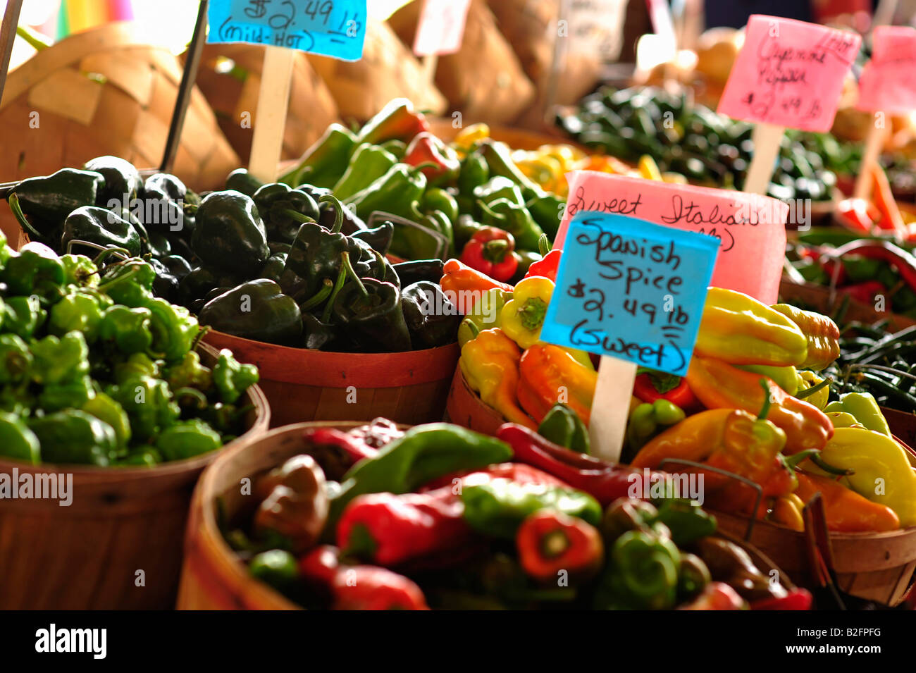 Peppers on display at a Farmers Market in Raleigh, North Carolina Stock
