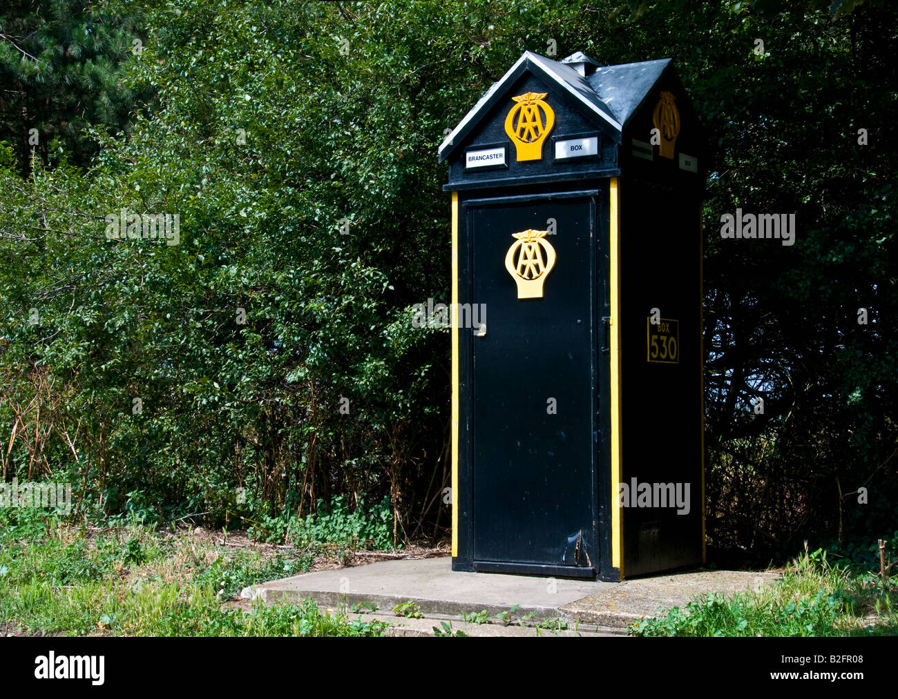 An original  and historic AA emergency call box at Brancaster in Norfolk. Stock Photo
