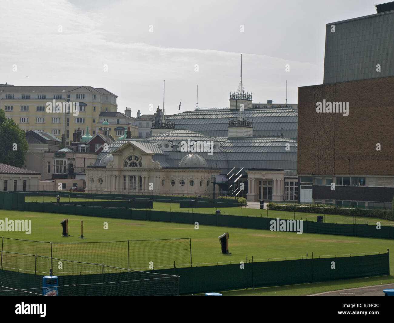 Rear of Winter Garden and tennis courts (Devonshire Park) at Eastbourne Stock Photo