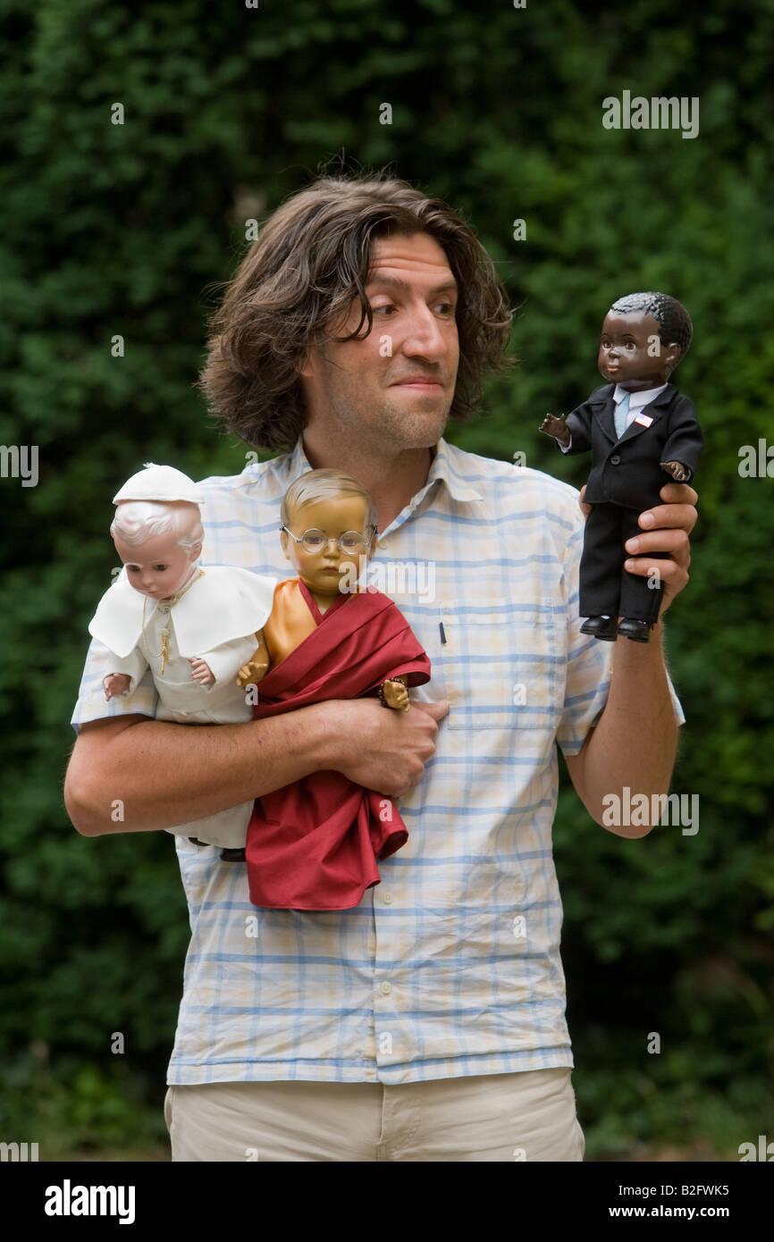 The dolls doctor Marcel Offermann with his dolls the Pope Benedict the Dalai Lama and Barack Obama Stock Photo
