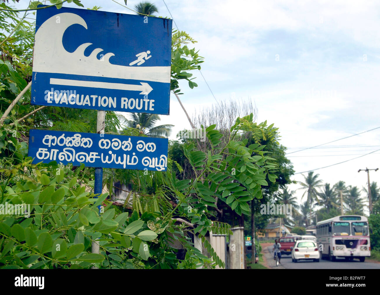 Signs indicating Tsunami evacuation routes on the south coast of Sri Lanka. Stock Photo