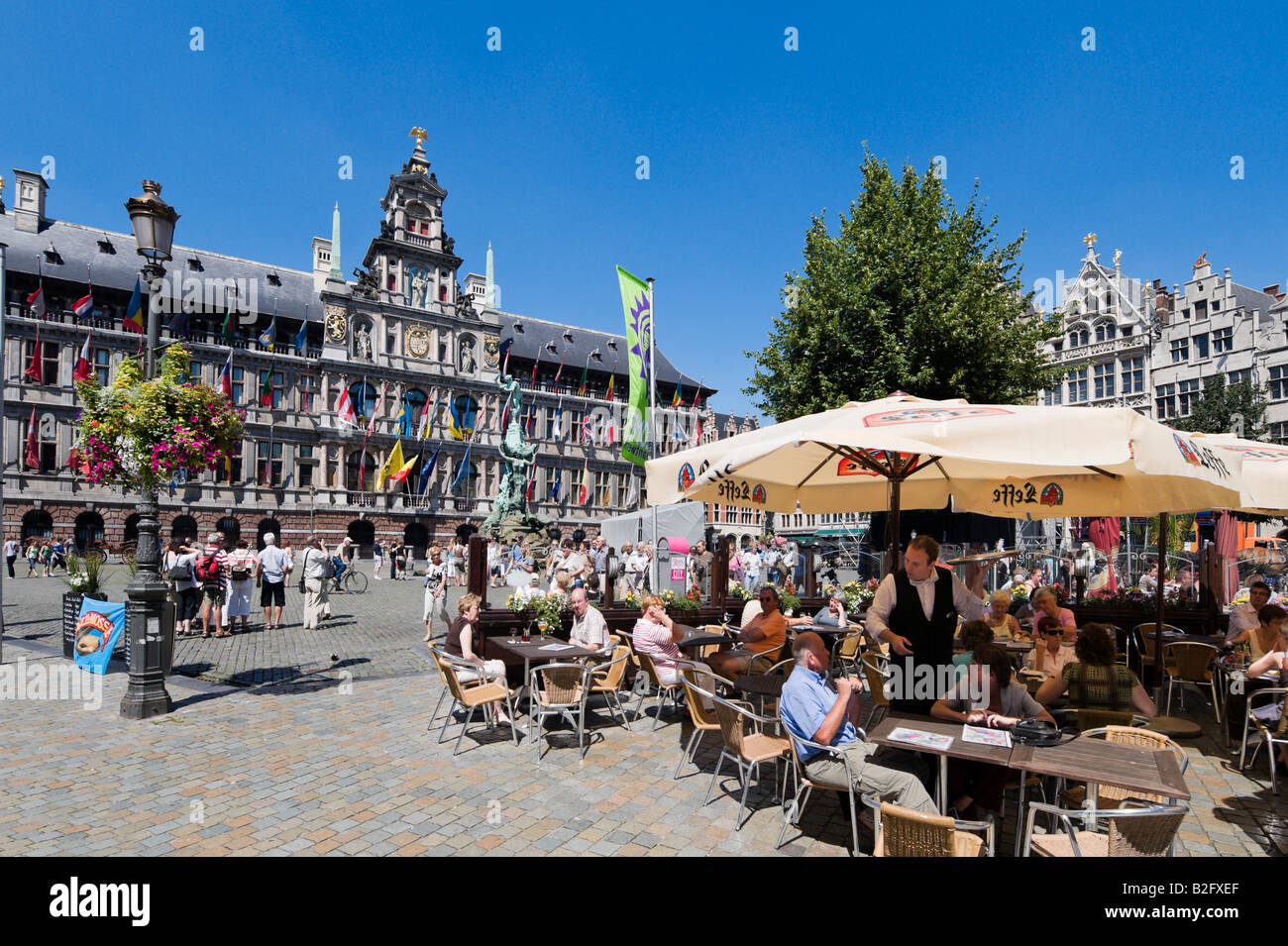 Antwer, Belgium. Cafe in front of the Stadhuis in the Grote Markt (Main Square) in centre of the old town, Antwerpen, Belgium Stock Photo