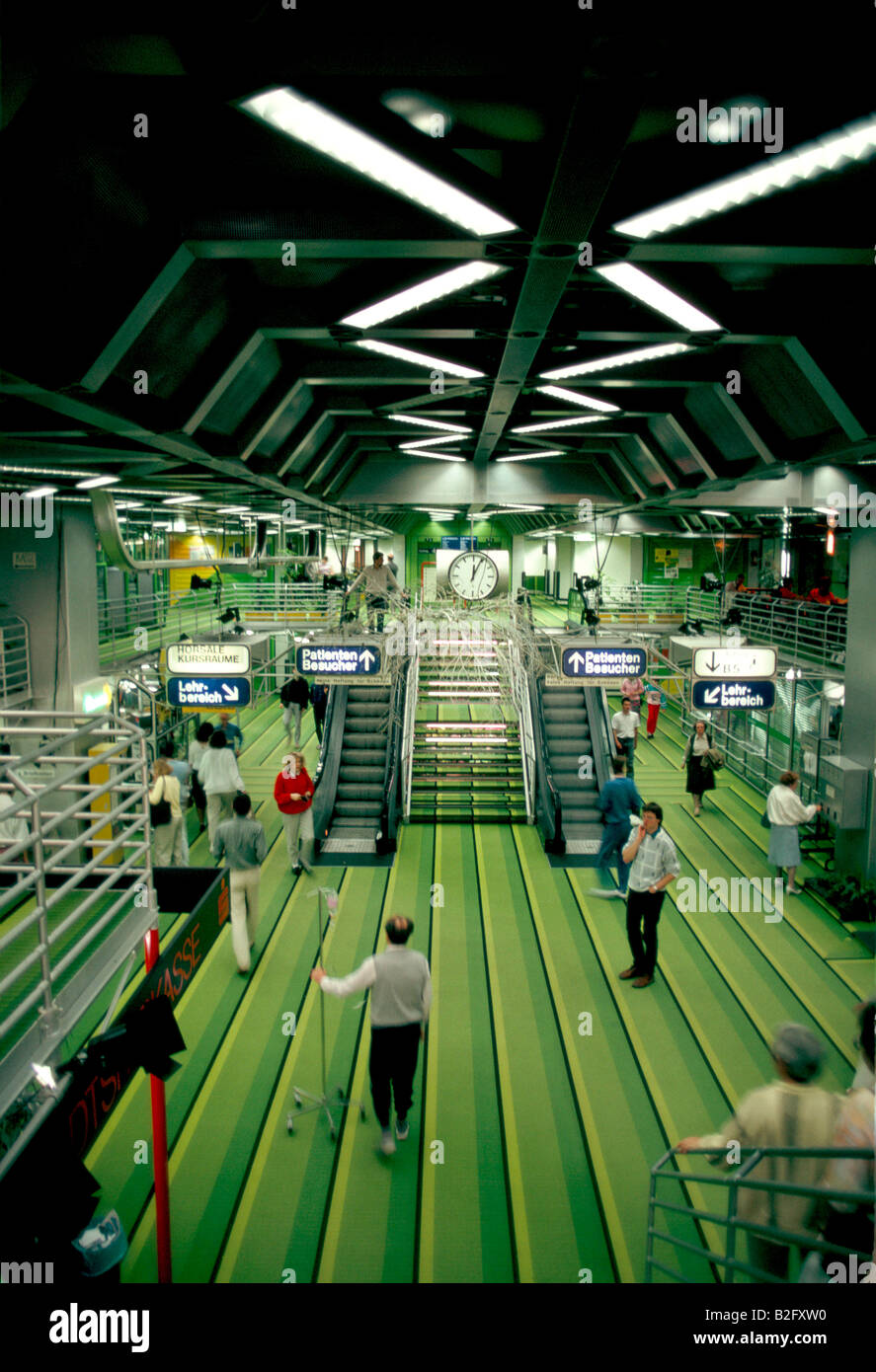 escalators inside aachen hospital, west germany Stock Photo