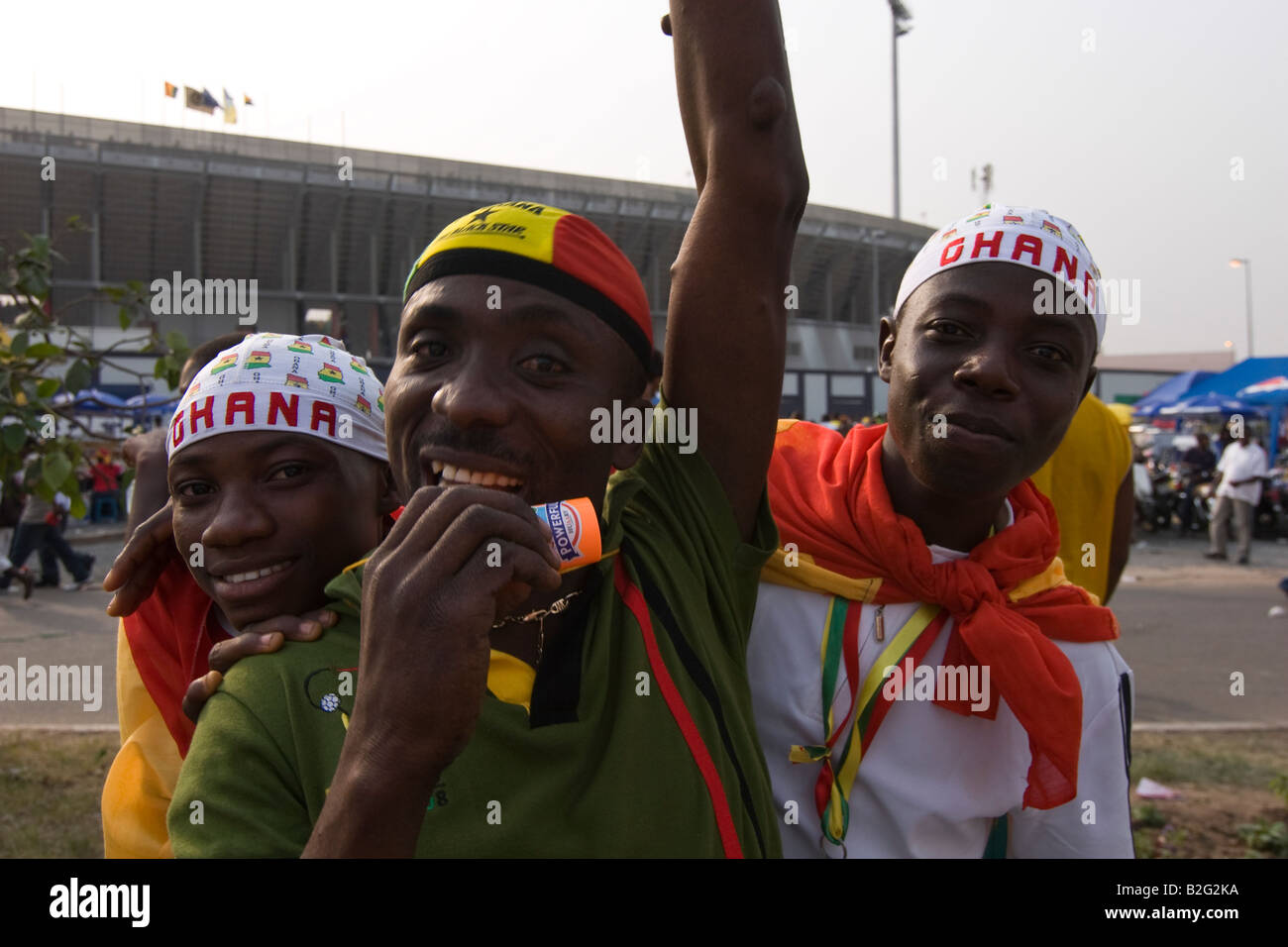 Football supporters outside Ohene Djan football stadium on opening day Africa Cup of Nations Ghana 2008 Stock Photo