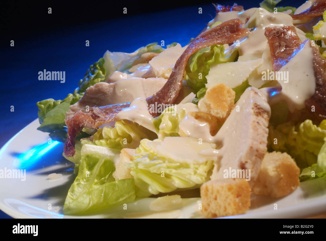 A plate of chicken caesar salad with anchovy fillets,lettuce and