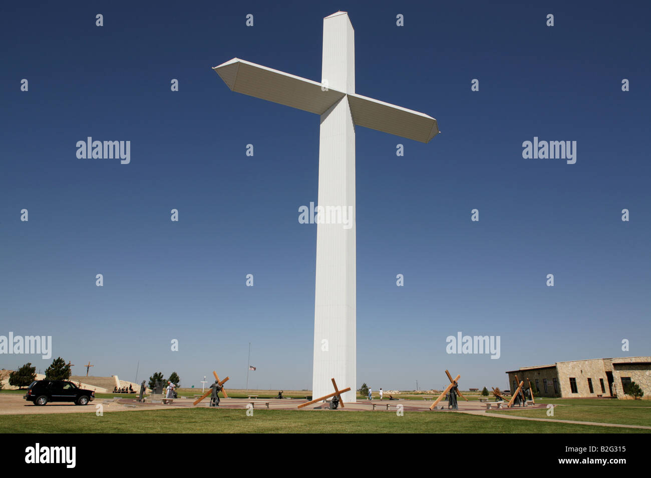 The 19 story cross located next to Interstate 40 formerly U S Route 66 (not shown) at Groom