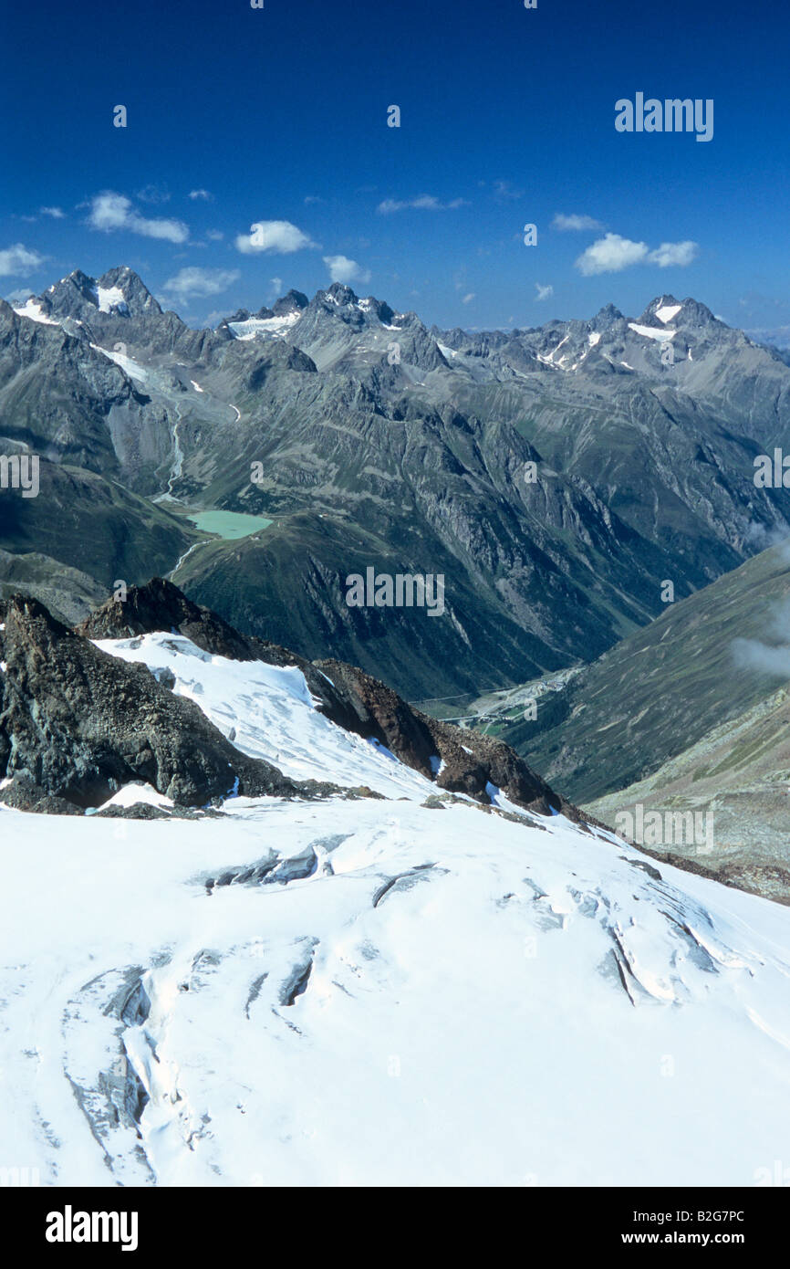 Blick vom Mutkogel über das Pitztal auf Riffelsee und Kaunergrat Ötztaler Alpen Tirol Österreich Stock Photo
