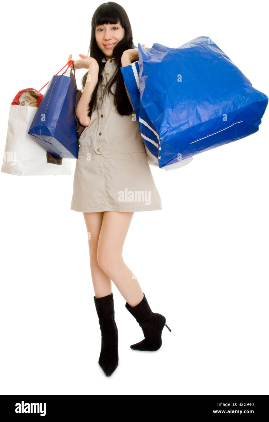Shopping bags Fashion trendy vogue chic fancy voguish model woman young Stock Photo