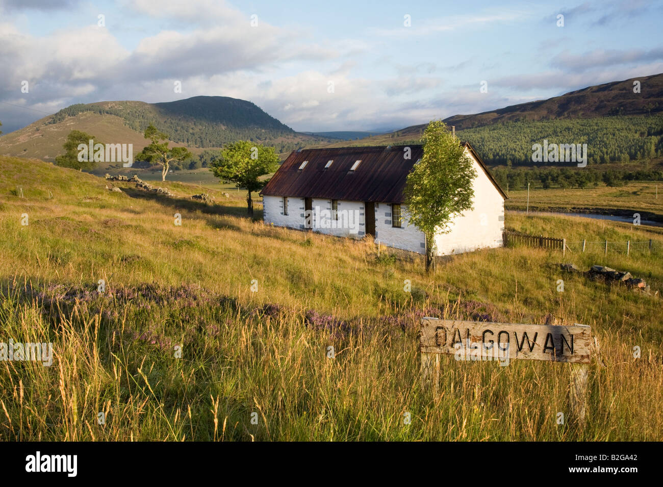Dalgowan bothy lowland remote, single one storey home; Scottish keepers Country Cottage, Braemar, Aberdeenshire, Cairngorms National Park, Scotland UK Stock Photo