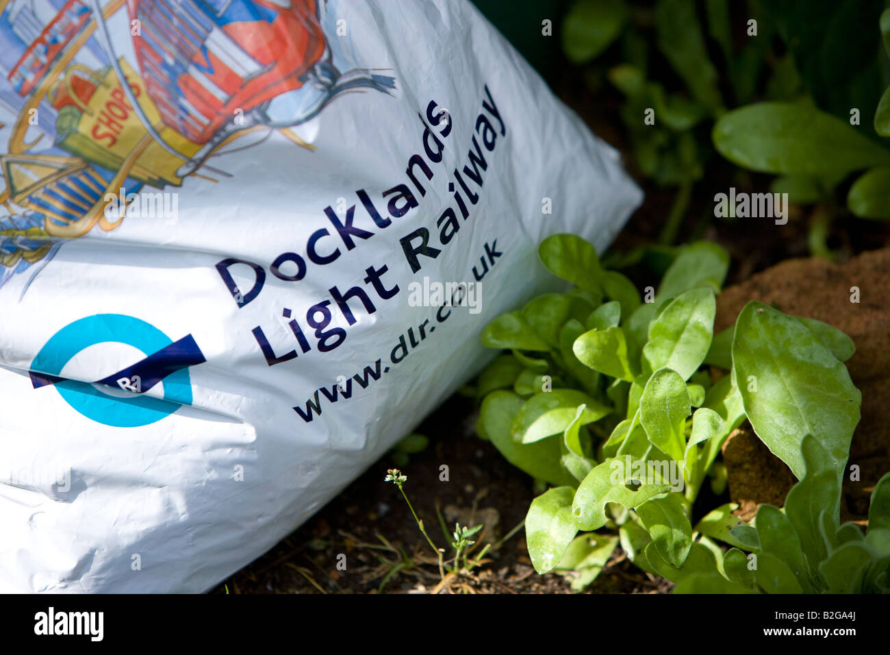 bag of compost in a london allotment Stock Photo Alamy