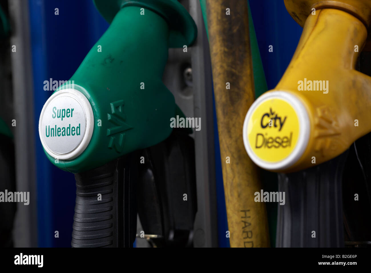 handles of city diesel and super unleaded fuel pumps at a garage service station county down northern ireland Stock Photo