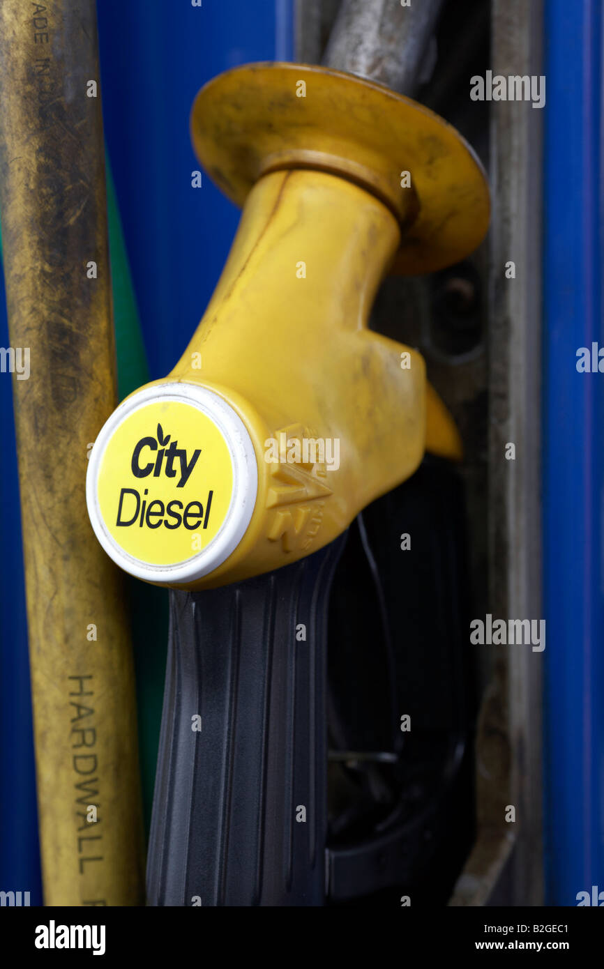 handle of city diesel fuel pump at a garage service station county down northern ireland Stock Photo