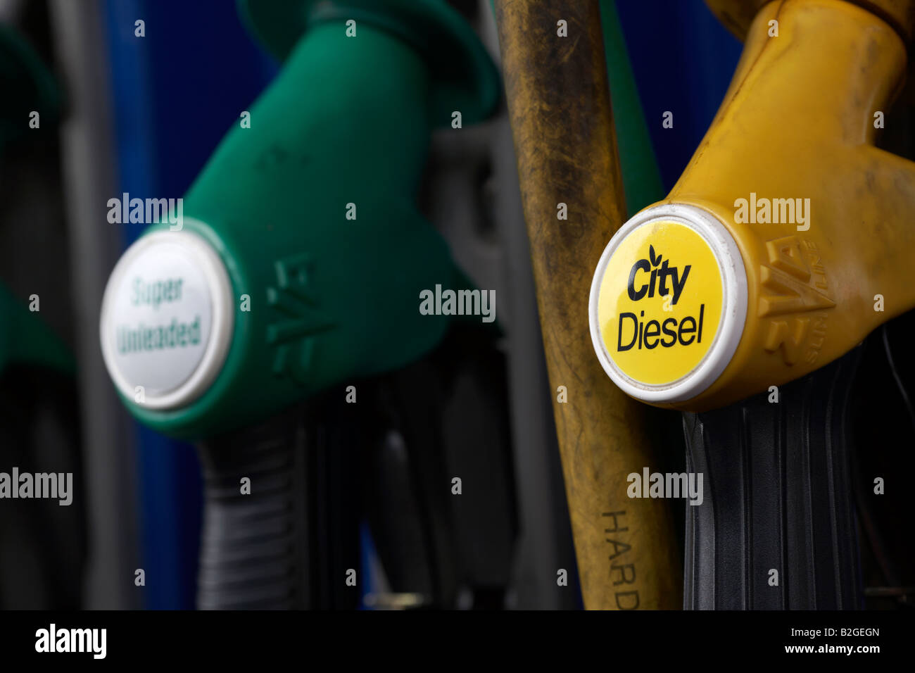 handles of city diesel and super unleaded fuel pumps at a garage service station county down northern ireland Stock Photo