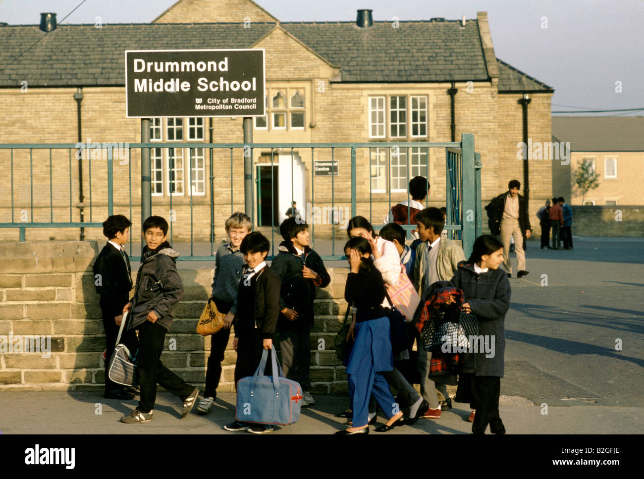 School children leaving "Drummond Middle School" Stock Photo
