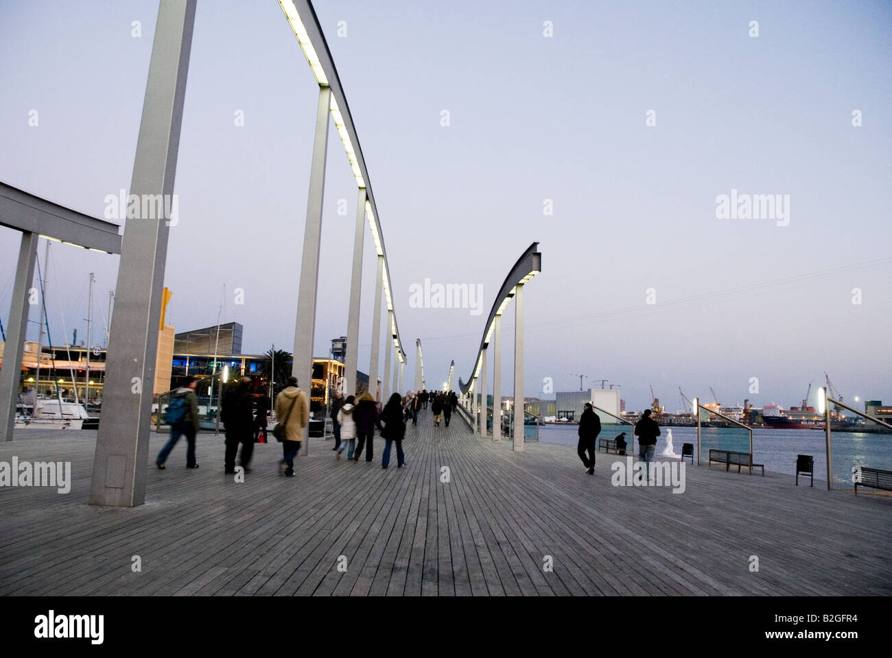 Rambla de Mar Port Vell bridge at evening barcelona Stock Photo