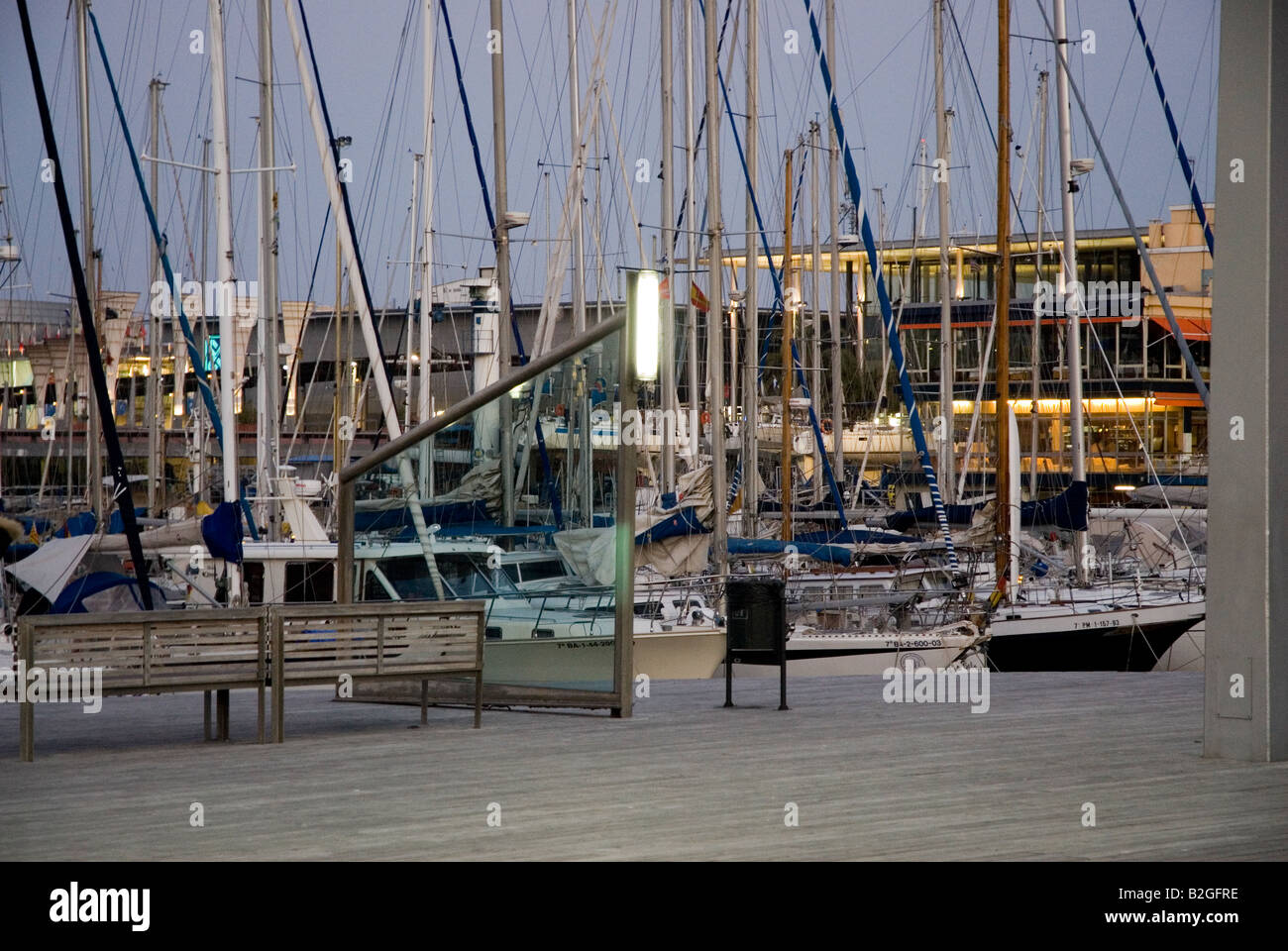 Rambla de Mar Port Vell bridge at evening barcelona Stock Photo