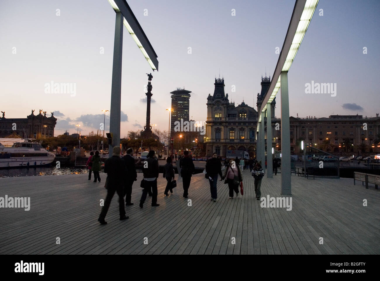 Rambla de Mar Port Vell bridge in the evening or night Barcelona Stock Photo