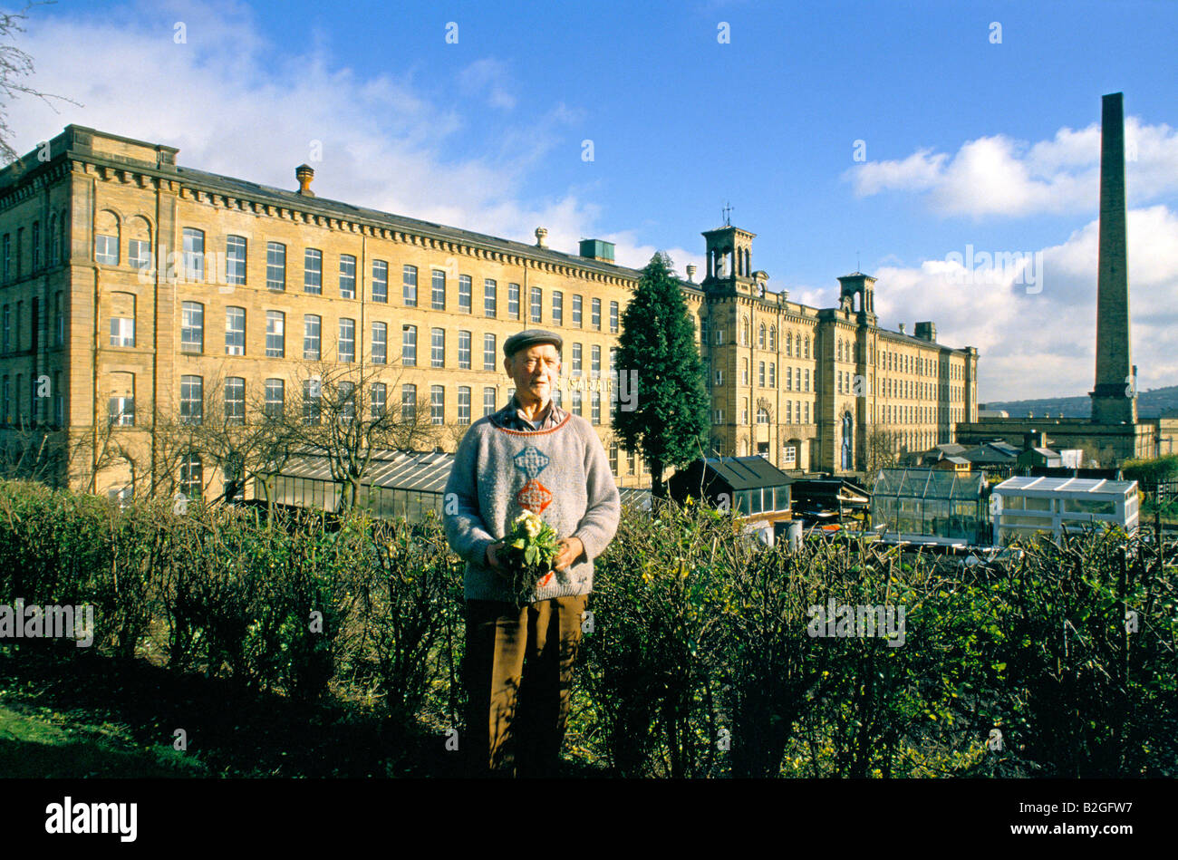 man standing outside salts textile mill saltaire Stock Photo
