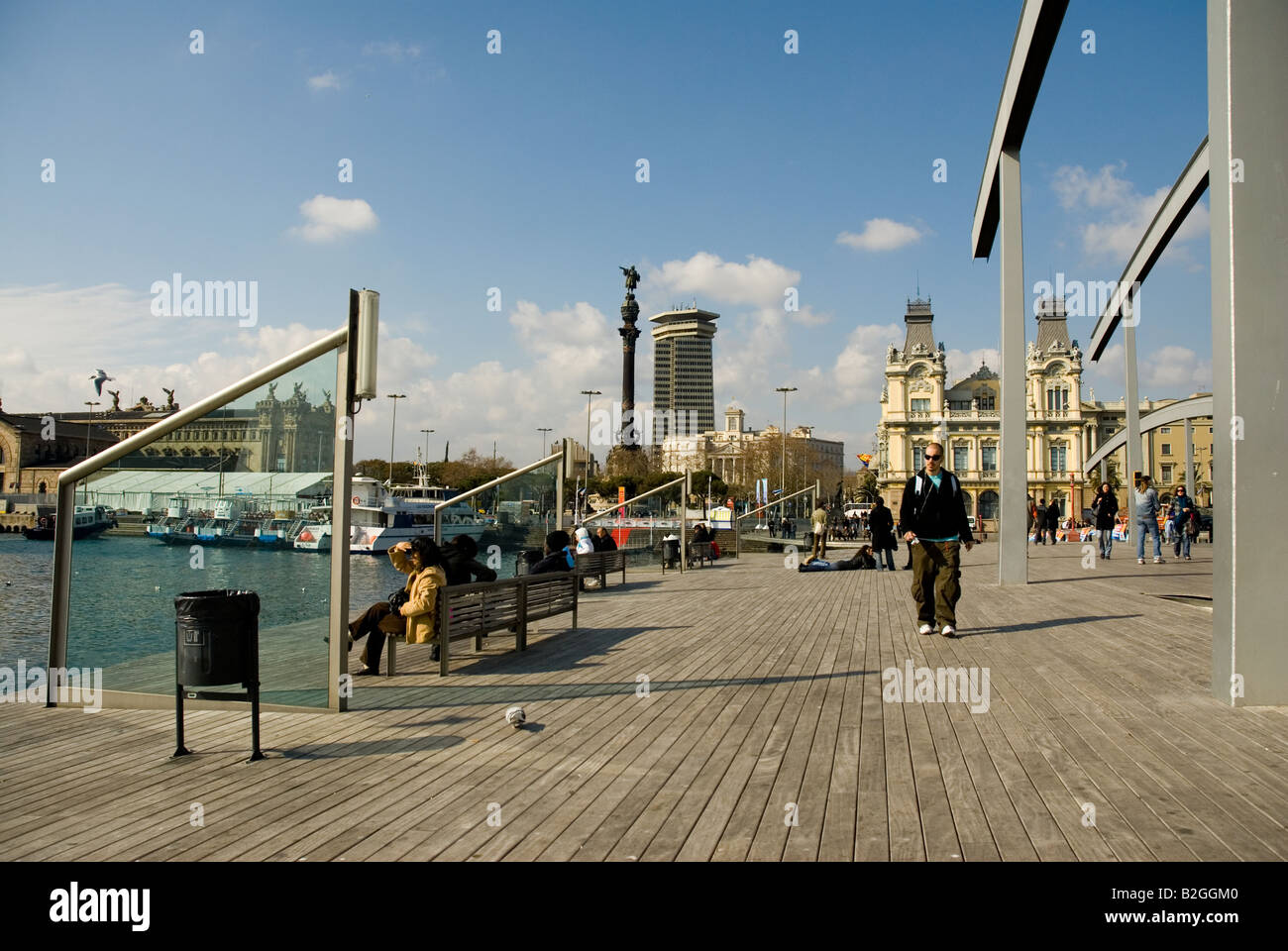 Rambla de Mar Port Vell bridge Barcelona Stock Photo