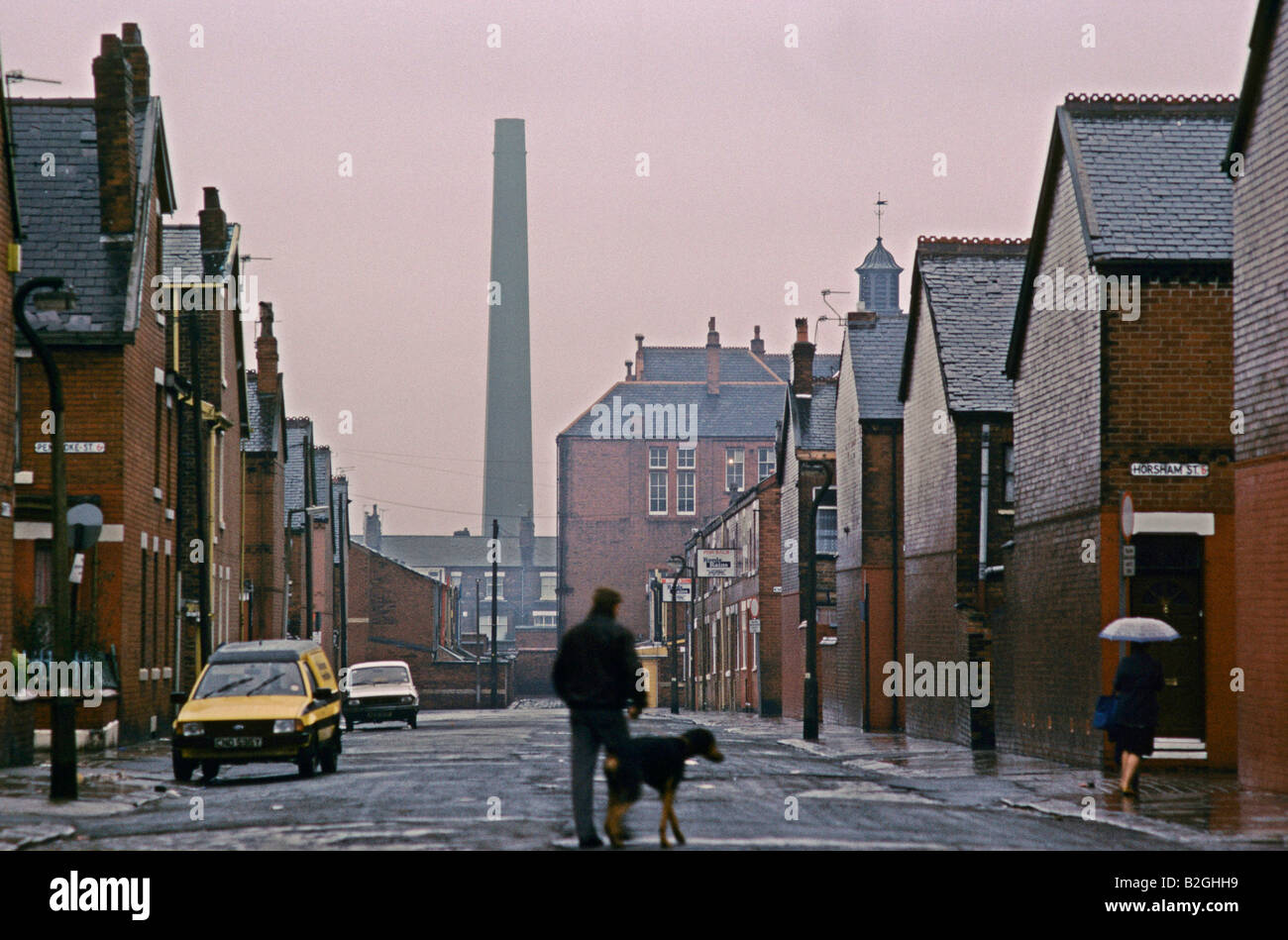 man and dog walking down a terraced street in manchester Stock Photo