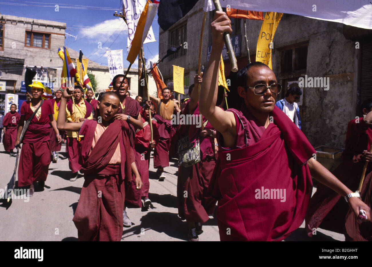 Monks demonstrating against mistreatment of Buddhists by police. June 1988, Leh, Ladakh, India. Stock Photo