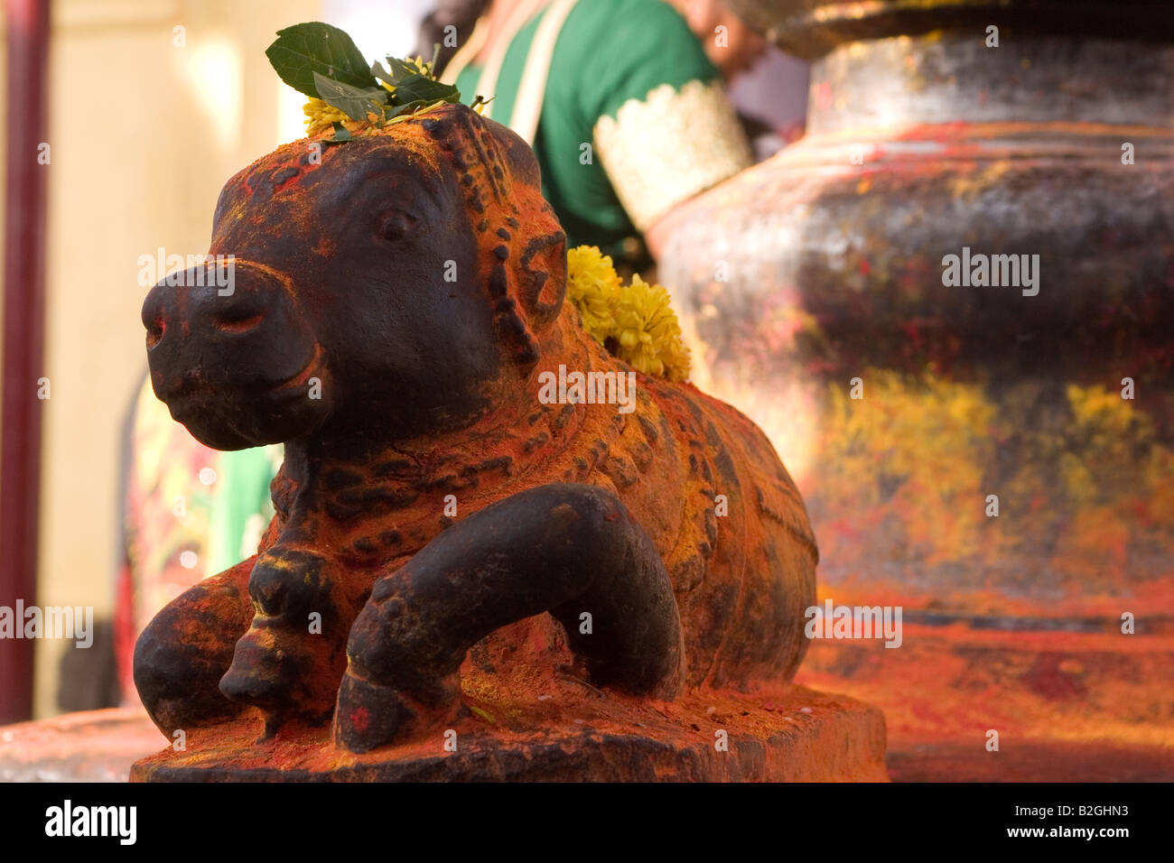 A Nandi statue in a south Indian Hindu temple. Nandi the bull is the