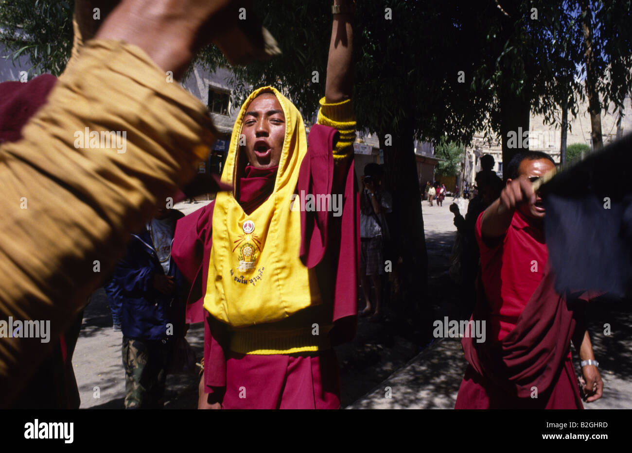Monks demonstrating against mistreatment of Buddhists by police. June 1988, Leh, Ladakh, India. Stock Photo