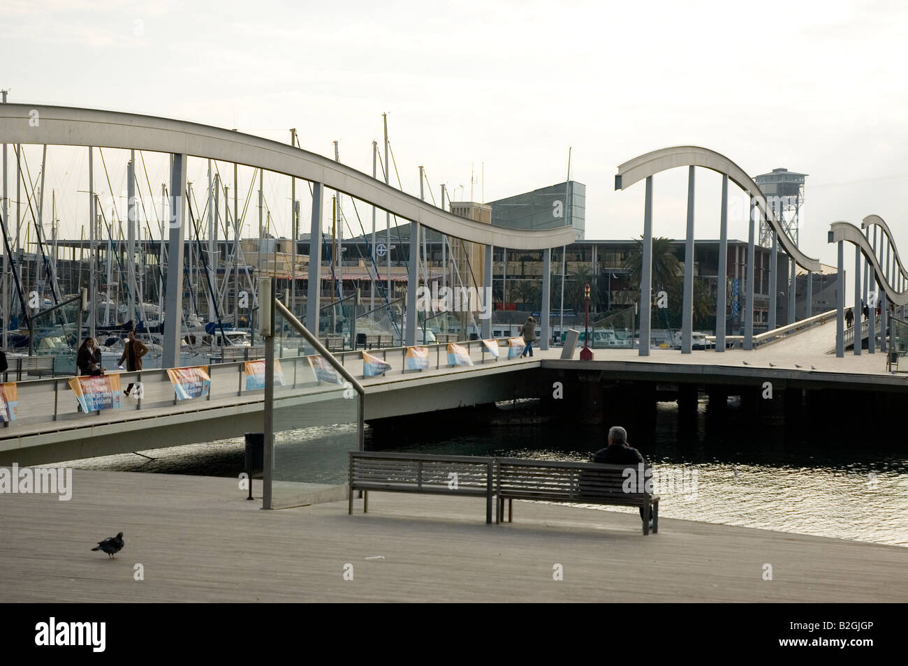 Rambla de Mar Port Vell bridge Barcelona Spain Stock Photo